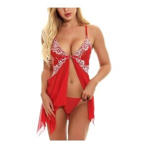 Sexy Lingerie Set Front Closure V Neck Babydoll dress red mesh with white lace